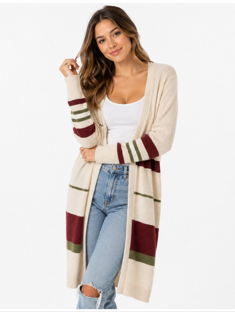 Roxy ($110) Open Front Striped Duster Cardigan Sweater – Cream Burgundy Olive